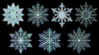 Seven ornate blue snowflakes isolated on transparent background, ready for winter clipart, Christmas stickers, sublimation, print on demand, and t-shirt design use.