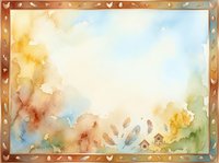 Watercolor autumn landscape with warm golden and red foliage, soft blue sky, and decorative wooden frame with leaf motifs. Suitable for fall designs, backgrounds, and seasonal projects.