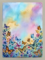 Watercolor butterflies and flowers on pastel rainbow background for spring garden designs, greeting cards, and nature-themed projects.