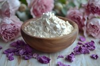 White cosmetic clay powder in wooden bowl with pink roses and purple dried flower petals on rustic wooden background, natural skincare ingredients.