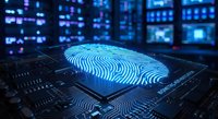 Futuristic biometric fingerprint scanner on computer chip with glowing blue holographic display in high-tech data center for cybersecurity authentication.