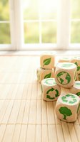 Wooden cubes with green eco symbols on bamboo mat near window. Environmental awareness, sustainability, recycling and renewable energy concept for business.
