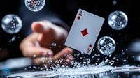 Ace of diamonds playing card floating with water drops and bubbles in dramatic dark setting with hand reaching, creating magical casino atmosphere.