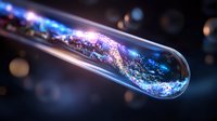 Glowing magical substance in glass test tube with sparkling particles and blue luminescent effect against dark background with bokeh lights.