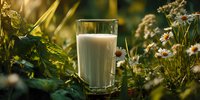 Glass of fresh milk in natural setting surrounded by wildflowers and green foliage, illuminated by warm sunlight.