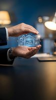 Businessman hands protecting digital house hologram with smart home technology icons and data analytics in modern office environment.