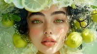Young woman with bright green eyes surrounded by fresh citrus fruits and water drops, artistic beauty portrait with natural glowing skin and dewy effect.