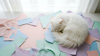 White fluffy cat sleeping peacefully on scattered colorful paper sheets in soft pastel tones creating cozy domestic scene for pet care and stationery concepts.