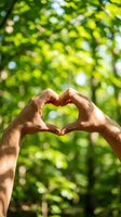 Hands forming a heart shape against a lush green forest background, symbolizing love for nature and environmental care.