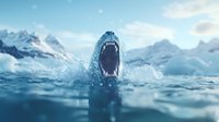 Aggressive polar bear emerging from icy arctic waters with open jaws, snow-capped mountains in background creating dramatic wilderness scene.