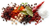 Colorful mix of spices and seasonings with dried red chili peppers, bay leaves, white peppercorns, black pepper, pink peppercorns and sea salt on white background.