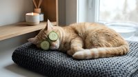 Relaxed orange tabby cat with cucumber slices on eyes enjoying spa treatment on knitted cushion by sunny window for pet wellness and self-care concept.