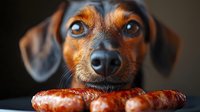 Close up portrait of dachshund dog looking at grilled sausage with hungry expression and begging eyes against dark background, funny pet food concept.