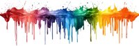 Rainbow colored paint drips flowing horizontally across white background, vibrant spectrum of liquid colors creating artistic splash pattern with dripping effect.