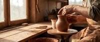 Skilled craftsman shaping clay pottery on a spinning wheel in a rustic workshop with warm natural light streaming through a window.