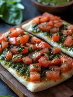 Focaccia bread topped with fresh diced tomatoes, vibrant basil pesto, and herbs served on wooden board. Italian appetizer for restaurants, cooking blogs, food styling, and culinary publications.