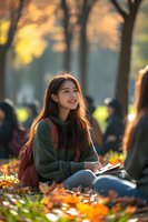 Young Asian female student sitting in autumn park with backpack and notebook enjoying warm sunlight through golden fall foliage for education and lifestyle content.