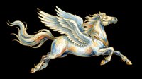 Majestic winged horse Pegasus in blue and gold tones, isolated on transparent background, ready for t-shirt design, stickers, clipart, and print on demand use.