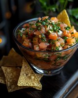 Fresh salmon ceviche with diced red onions, cilantro, and lime juice served in glass bowl with tortilla chips. Traditional Latin American appetizer on dark background.