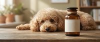 Sleepy poodle dog resting beside amber medicine bottle with blank label on wooden table in cozy home interior for pet healthcare and veterinary concepts.