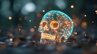Glowing ornate sugar skull with turquoise illumination and golden details against dark background with bokeh lights creating magical atmosphere.