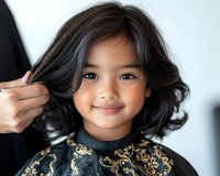 Young Asian girl with bright smile and wavy black hair getting styled, wearing ornate gold patterned dress against light background. Professional hair styling session.