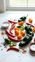 Fresh hot chili peppers variety with salt and spices on white kitchen counter near window for cooking and seasoning culinary preparations.