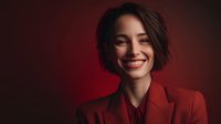 Young woman with short brown hair smiling against red background, wearing matching red blazer for professional portrait or fashion editorial.