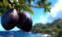 Fresh ripe avocados growing on tree branch with tropical ocean and mountain landscape in background against blue sky.