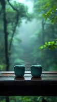 Two ceramic tea cups on wooden table overlooking misty forest path. Peaceful morning atmosphere with green foliage and soft natural lighting for relaxation concepts.