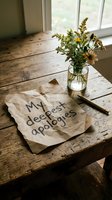 Crumpled kraft paper with handwritten my deepest apologies note on rustic wooden table with wildflowers in glass jar and pencil nearby.