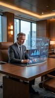 Mature Caucasian businessman analyzing holographic data dashboard with artificial intelligence analytics in modern corporate office boardroom.