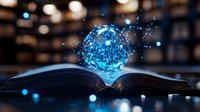 Magical glowing blue sphere floating over open book with sparkling light particles and bokeh effects. Fantasy education concept for knowledge and wisdom.