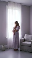 Young Caucasian mother in lavender dress holding newborn baby by window in modern nursery room with soft natural light and minimalist decor.