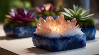 Glowing pink crystal cluster on deep blue agate base with succulent plants in background creates mystical home decor atmosphere.
