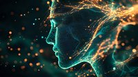 Glowing digital profile with luminous particles and neural network connections in turquoise and orange colors against dark background, representing artificial intelligence.