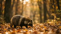 Wild boar piglet foraging among fallen autumn leaves in golden sunlight forest setting for wildlife and nature content.