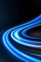 Glowing blue light trails curve through dark space with stars, creating dynamic motion effect and futuristic energy streams against black background.