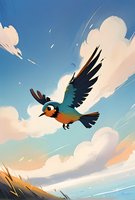 Colorful cartoon bird with turquoise wings soaring through cloudy sky at sunset, wings spread wide against fluffy white clouds and golden light. For children's books.
