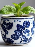 Fresh basil plant growing in traditional blue and white ceramic pot with floral leaf pattern design, macro photography showing detailed leaves and pottery.