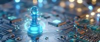 Glowing blue chess pawn piece on computer circuit board with bokeh lights representing artificial intelligence strategy and digital technology innovation.
