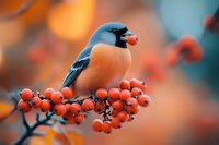 Male bullfinch perched on branch with bright orange rowan berries against blurred autumn background, soft bokeh lighting creates dreamy nature scene.