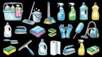 Cleaning supplies collection with mop, brushes, spray bottles, gloves, detergent, and storage basket isolated on transparent background. Ready for t-shirt design, clipart, stickers, print-on-demand products, and sublimation projects.