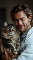 Caucasian male veterinarian with stethoscope holding fluffy tabby cat in warm, intimate portrait showing bond between pet and doctor.