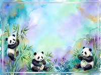 Watercolor panda bears with bamboo plants frame border on pastel background for children design projects and nursery decor.