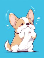Adorable Corgi puppy covering face with paws on blue background, cartoon style illustration for children's books, greeting cards and pet-related designs.