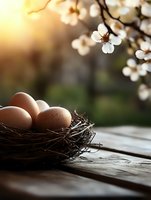 Fresh brown eggs in natural nest with spring cherry blossoms and warm sunlight in background, rustic wooden table setting creates peaceful seasonal composition.