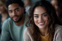 Young Hispanic woman with curly hair and bright smile wearing beige sweater and yellow top, with male companion in background, candid lifestyle portrait.