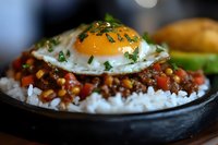 Savory loco moco with sunny side up egg on seasoned ground beef, topped with fresh herbs and served over steamed white rice in black stone bowl.