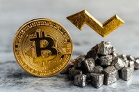 Golden cryptocurrency coin with upward arrow trend and raw minerals on textured gray surface, representing digital currency market growth and mining concept.